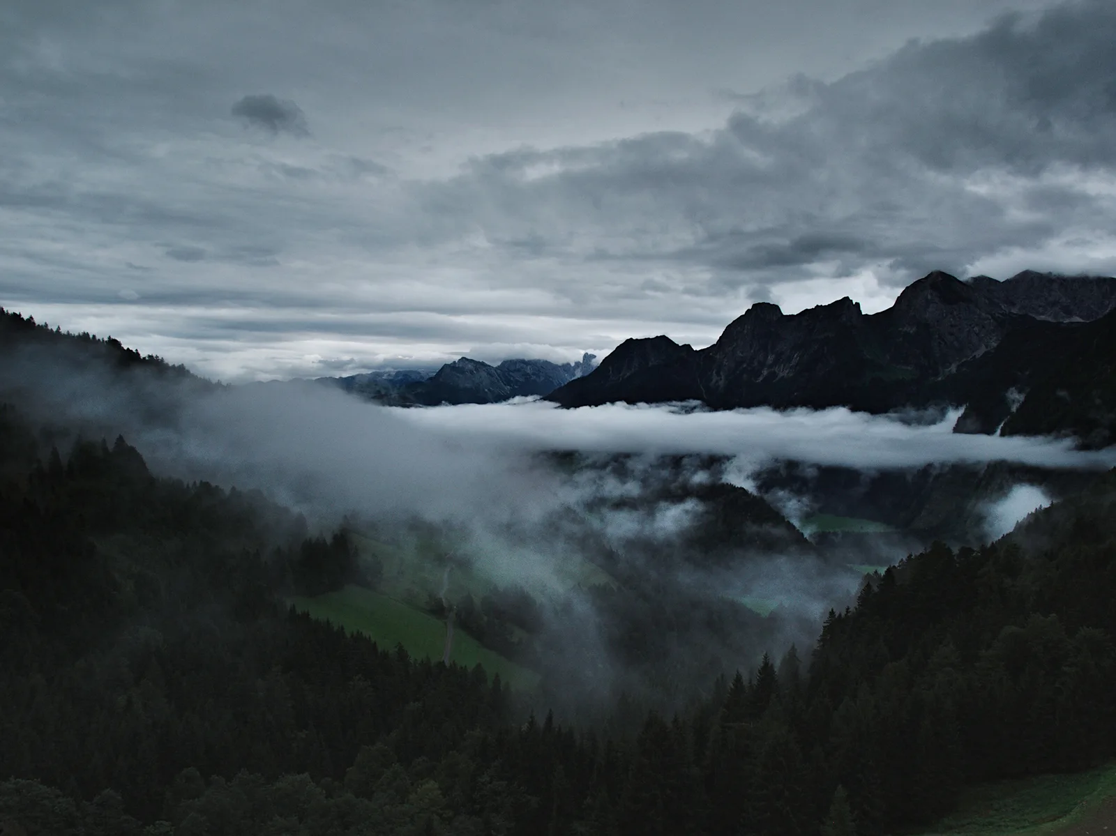 Nebelschwaden ziehen durch ein bewaldetes Alpental, aus dem